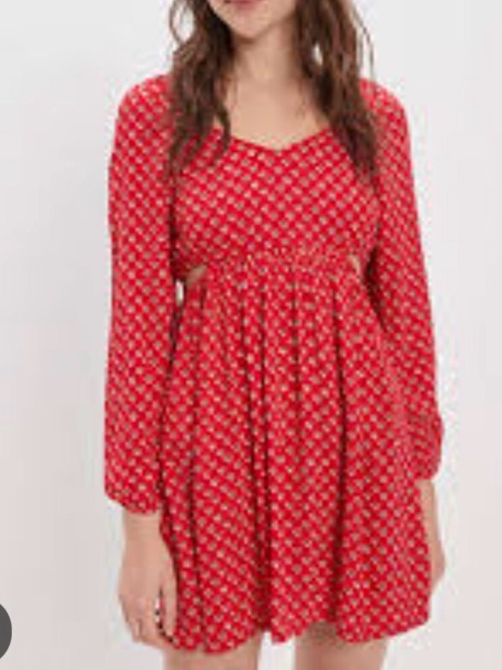AE Red Cut Out Long-Sleeve Smocked Waist Mini Dress